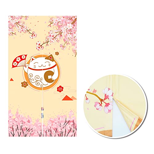 LIGICKY Japanischer Stil Dick Noren Lang Vorhang, Doppelseitig Druck TürVorhang Raumteiler Tapisserie für die Heimtextilien 85 x 150 cm, Gelb (Fortune Cats und Kirschblüte) von LIGICKY