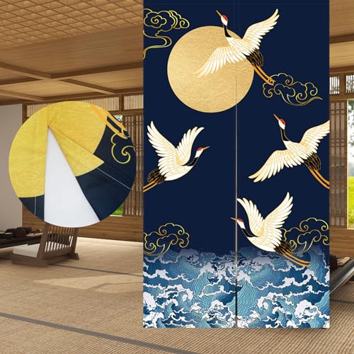 LIGICKY Japanischer Stil Dick Noren Lang Vorhang, Doppelseitig Druck Türvorhang Raumteiler Tapisserie für die Heimtextilien 85 x 150 cm, Blau (Weißer Kranich Meereswellen und Mond) von LIGICKY