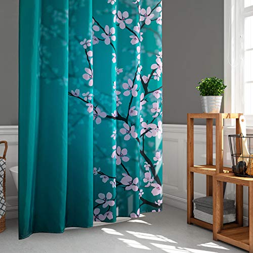 LIGICKY Japanischer Stil Duschvorhang für Badezimmer Durable Wasserdicht Stoff Duschvorhänge für Home Decor 180 x 180 cm, Pflaume auf blauem Hintergrund Set mit Duschvorhangringen von LIGICKY