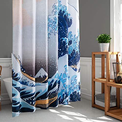 LIGICKY Japanischer Stil Duschvorhang für Badezimmer Durable Wasserdicht Stoff Duschvorhänge für Home Decor 180 x 180 cm, Ukiyoe Hokusai The Great Wave Off Kanagawa Set mit Duschvorhangringen von LIGICKY