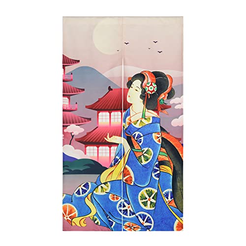 LIGICKY Japanischer Stil dick Leinen Noren Lang Vorhänge Geisha in Blauer Kleidung Türvorhang Raumteiler Tapisserie für die Heimtextilien Raumteiler 85 x 150 cm von LIGICKY