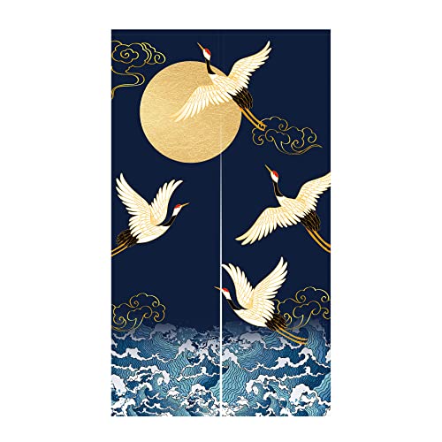 LIGICKY Japanischer Stil dick Leinen Noren Lang Vorhänge White Crane Meereswellen und Mond Türvorhang Raumteiler Tapisserie für die Heimtextilien Raumteiler 85 x 150 cm Blau von LIGICKY