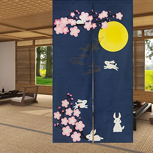 LIGICKY Japanischer Stil dick Leinen Noren Lang Vorhang Türvorhang Raumteiler Tapisserie für die Heimtextilien 85 x 150 cm, Blau, Kirschblüte, Mond und Hase von LIGICKY