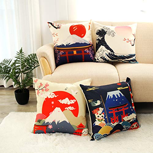 LIGICKY Kissenbezug 45x45 cm Japanischen Stil Baumwolle Leinen Dekorative Kissenhülle Fuji-Berge Bedruckter Kissenbezüge für Sofa Couch Schlafzimmer Wohnzimmer Büro (4 Stück) von LIGICKY