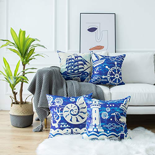 LIGICKY Maritime Kissenbezug, Mediterraner Stil Baumwolle Leinen Dekorative Kissenhülle, Nautischer Stil, Meeres Thema Kissenbezüge für Sofa Couch Schlafzimmer Wohnzimmer Büro, 45x45 cm, 4 Stück Blau von LIGICKY