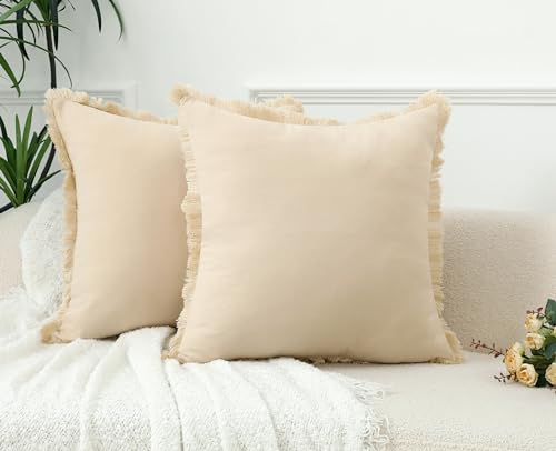 LIGICKY Set of 2 Beige Fransen Kissenbezug mit Quasten Baumwolle Boho Bauernhaus Zierkissenbezüge Weiche Quadratische Kissenbezüge Deko Sofakissen für Wohnzimmer Couch Schlafzimmer Auto, 45 x 45 cm von LIGICKY