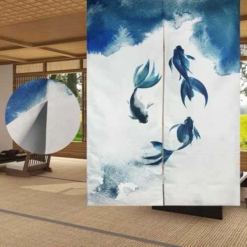 LIGICKY Traditioneller Chinesischer Stil Vorhang, Tuschemalerei Dick Noren Lang Vorhang Doppelseitig Druck TürVorhang Raumteiler Tapisserie für die Heimtextilien 85 x 120 cm, Weiß (Fisch) von LIGICKY