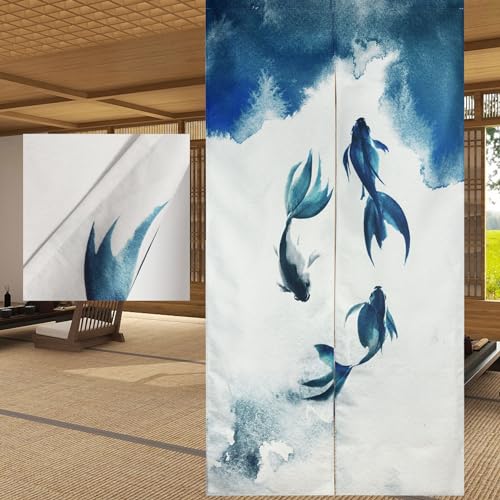 LIGICKY Traditioneller Chinesischer Stil Vorhang, Tuschemalerei Dick Noren Lang Vorhang Doppelseitig Druck TürVorhang Raumteiler Tapisserie für die Heimtextilien 85 x 180 cm, Weiß (Fisch) von LIGICKY