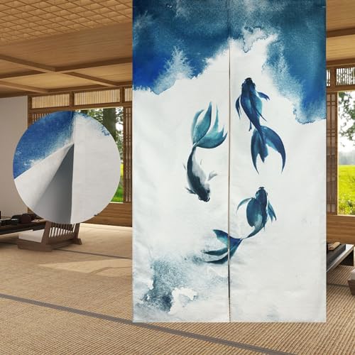 LIGICKY Traditioneller Chinesischer Stil Vorhang, Tuschemalerei Dick Noren Lang Vorhang Doppelseitig Druck TürVorhang Raumteiler Tapisserie für die Heimtextilien 85 x 150 cm, Weiß (Fisch) von LIGICKY