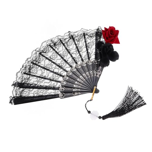 LIGIGWASH Gothic Lolita Spitzenfächer mit Quaste Faltbarer Handfächer Schwarz Eleganter Victorian Handventilator für Halloween Party Cosplay Hochzeit Tanzshow von LIGIGWASH