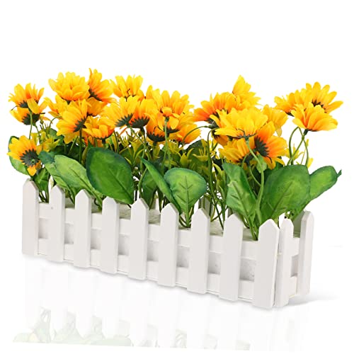LIGIGWASH Künstliche Sonnenblume im Zaun Topf Dekorativer Desktop Fake Bonsai Pflegeleichte Pflanzenverzierung für Wohn und Arbeitszimmer Küchen und Fensterbankdeko Naturgetreue von LIGIGWASH