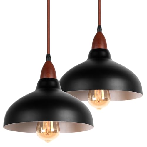 LIGKIN 2 PCS Vintage Pendelleuchte Industrial E27 Holz Deckenleuchte, Ø24cm Modern Hängelampe Metall Kronleuchter 1,5M Kabel für Wohnzimmer Schlafzimmer Kaffee, Schwarz von LIGKIN