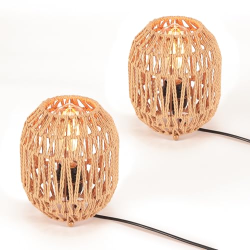LIGKIN 2 Stück Gewebte Tischlampe Nachttischlampe Boho Style Lampenschirm aus Papierschnüren Tischleuchte Vintage Tischbeleuchtung Nachtlicht für Schlafzimmer Büro Lesen von LIGKIN