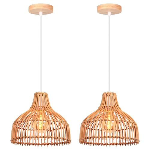LIGKIN 2 Stück Pendelleuchte Bambus Weben Kronleuchter Rattan Boho Style Bambus Ø24cm Lampenschirm Vintage Deckenlampe Dekoration Deckenleuchte für Restaurant Küche Wohnzimmer Café von LIGKIN