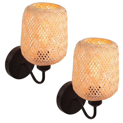 LIGKIN 2 Stück Vintage Wandleuchte Handgeflochtene Lampe Bambus Lampenschirm E27 Wandlampe Bohemian Style Wandleuchte Innendekoration für Schlafzimmer, Restaurant, Flur LIGKIN 2 Stück Vintage Wandleuchte Handgeflochtene Lampe Bambus Lampenschirm E27 Wandlampe Bohemian Style Wandleuchte Innendekoration für Schlafzimmer, Restaurant, Flur von LIGKIN