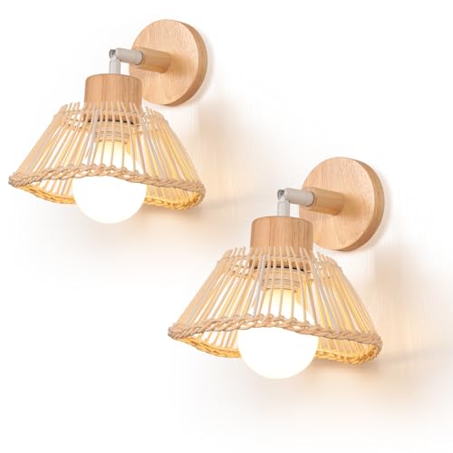 LIGKIN 2 Stück Wandleuchte Bambus Vintage Lampe Boho E27 Lampenschirm Metall Rattan Wandlampen Holz Innenwandlampe Drehbare Deckenleuchte für Schlafzimmer Küche Wohnzimmer von LIGKIN