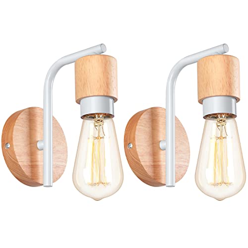 LIGKIN 2 Stück Wandleuchte Vintage, Wandlampen Innen Industrie Wandbeleuchtung, E27 Retro Lampe aus Metall und Holz, Vintage Wandlampe für Wohnzimmer Esszimmer Schlafzimmer Flur Küche(Weiß) von LIGKIN