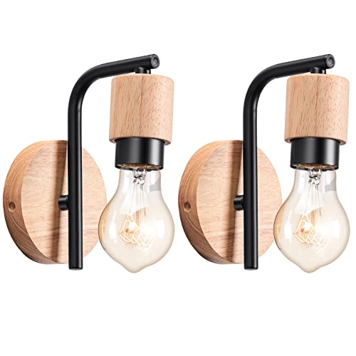 LIGKIN 2 Stück Wandleuchte Vintage, Wandlampen Innen Industrie Wandbeleuchtung, E27 Retro Lampe aus Metall und Holz, Vintage Wandlampe für Wohnzimmer Esszimmer Schlafzimmer Flur Küche von LIGKIN