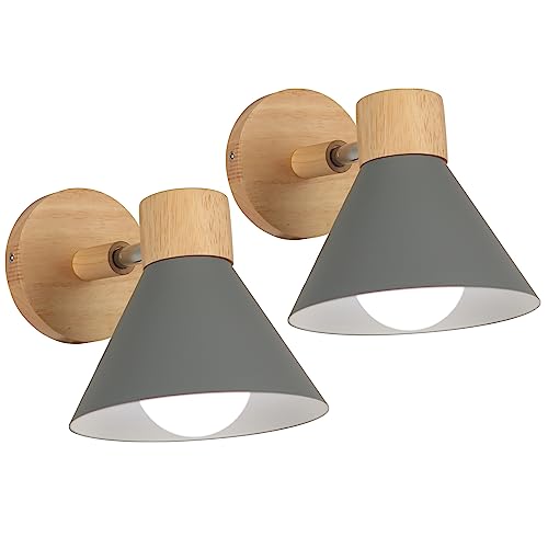 LIGKIN 2 Stück Wandleuchten Innen, Moderne Industrielle Wandlampe, E27 Drehbarer Wandleuchte Holz Dekorative Innenbeleuchtung für Schlafzimmer Wohnzimmer Flur Cafe, Ø18cm von LIGKIN