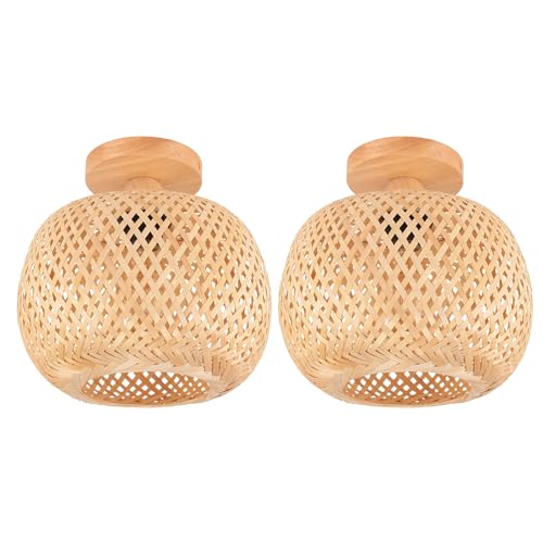 LIGKIN 2 Stücke Deckenleuchte Bambus Weben Kronleuchter Rattan Boho Style Bambus Lampenschirm Vintage Deckenlampe Deko Deckenleuchte für Restaurant Wohnzimmer Küche, Ø25cm von LIGKIN