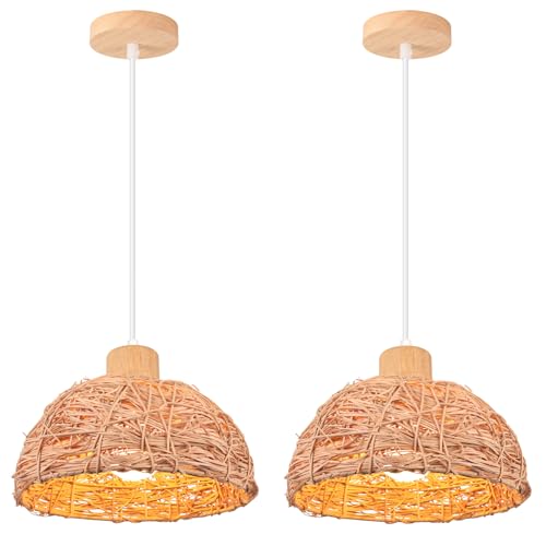 LIGKIN 2 Stücke Hängeleuchte Vintage Rattan Kronleuchter Ø30cm Kreativer Lampenschirm Halbkreis E27 Pendelleuchte Holz Innenbeleuchtung für Schlafzimmer Esszimmer Wohnzimmer von LIGKIN