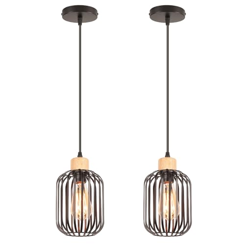 LIGKIN 2 Stücke Pendelleuchte Industrielle Kronleuchter Vintage Holz Hängeleuchte E27 Lampenschirm Metallkäfig Design Leuchte Deckenleuchte Schwarz Deckenbeleuchtung für Küche Wohnzimmer Schlafzimmer von LIGKIN
