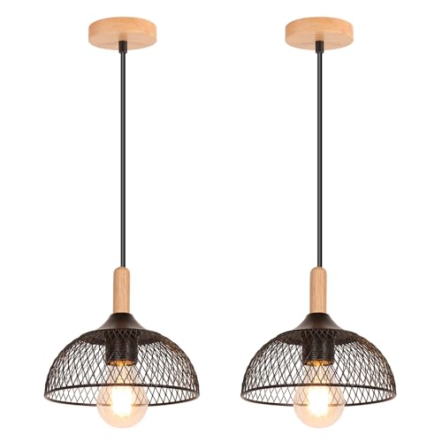 LIGKIN 2 Stücke Pendelleuchte Industrielle Vintage Kronleuchter Holz Hängeleuchte E27 Eisen Lampenschirm Deckenleuchte Retro für Küche Wohnzimmer Schlafzimmer Restaurant Bar, Schwarz LIGKIN 2 Stücke Pendelleuchte Industrielle Vintage Kronleuchter Holz Hängeleuchte E27 Eisen Lampenschirm Deckenleuchte Retro für Küche Wohnzimmer Schlafzimmer Restaurant Bar, Schwarz von LIGKIN
