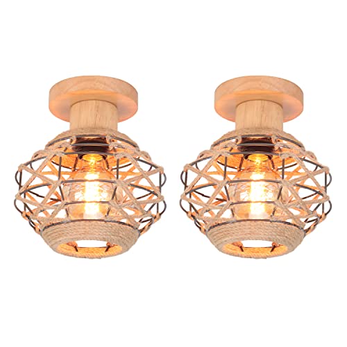 LIGKIN 2 Stücke Deckenleuchte Vintage Boho Rattan Lampe Hängelampe Holz E27 Geflochten Lampenschirm Deckenlampe, Ø20CM Rustikal Industrielle Deckenleuchten für Schlafzimmer Kindergarten Flur Korridor von LIGKIN