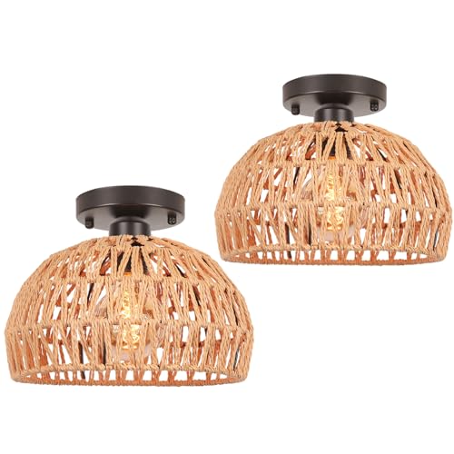 LIGKIN 2 Stücke Vintage Boho Rattan Lampe Deckenleuchte Hängelampe, E27 Metalle Geflochten Lampenschirm Deckenlampe, Ø25CM Rustikal Industrielle Deckenleuchten für Schlafzimmer Kindergarten Korridor von LIGKIN