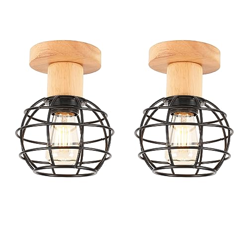 LIGKIN 2 Stücke Vintage Lampe Deckenleuchte Hängelampe, E27 Holz Lampenschirm Deckenlampe, Ø13,5CM Rustikal Industrielle Deckenleuchten für Schlafzimmer Wohnzimmer Flur Korridor(Schwarz) von LIGKIN