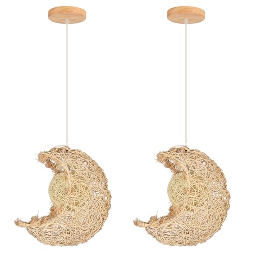 LIGKIN 2PCS Pendelleuchte Rattan Hängelampe Vintage Kreative Mond Kronleuchter E27 Hängeleuchte Retro Rattan Lampenschirm Deckenleuchte für Kinderzimmer Wohnzimmer Kaffee von LIGKIN