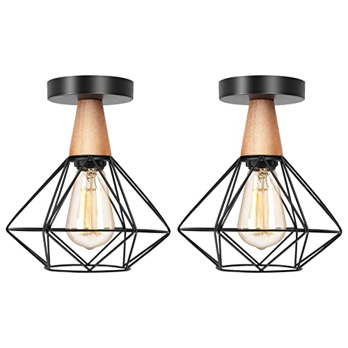 LIGKIN 2 Stücke Deckenleuchte Vintage, Deckenlampe Industrielle aus Eisen Käfig Lampenschirm, Deckenlampe Holz mit E27 Fassung, Deckenbeleuchtung für Esszimmer, Wohnzimmer, Schlafzimmer(Ø 220mm) von LIGKIN