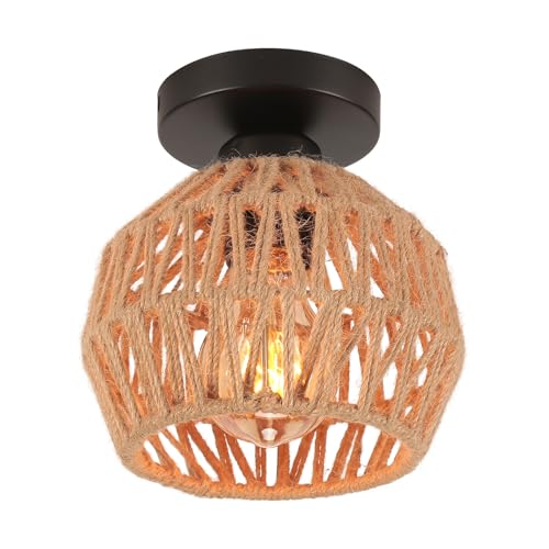 LIGKIN Deckenleuchte Vintage E27 Hängelampe Lampenschirm aus Metall und Hanf Seil Deckenlampe Industrielle Deckenleuchten für Schlafzimmer Wohnzimmer Flur Korridor, Ø16CM von LIGKIN