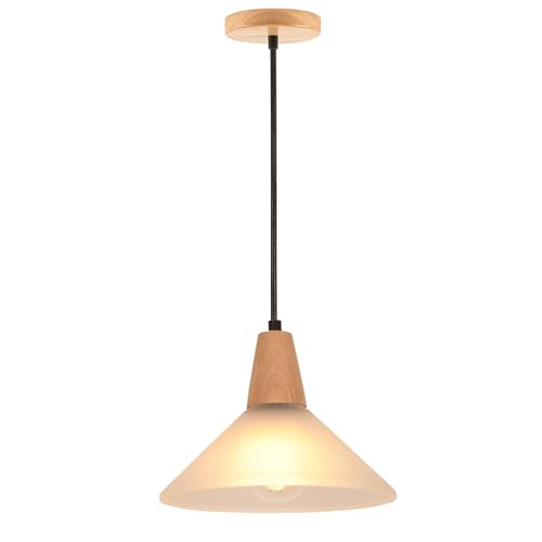 LIGKIN Glas-Pendelleuchte Moderne Hängeleuchte Ø23cm Glasschirm E27 Kronleuchter Industrielle Holz-Deckenleuchte Lampe für Küche Esszimmer Schlafzimmer von LIGKIN