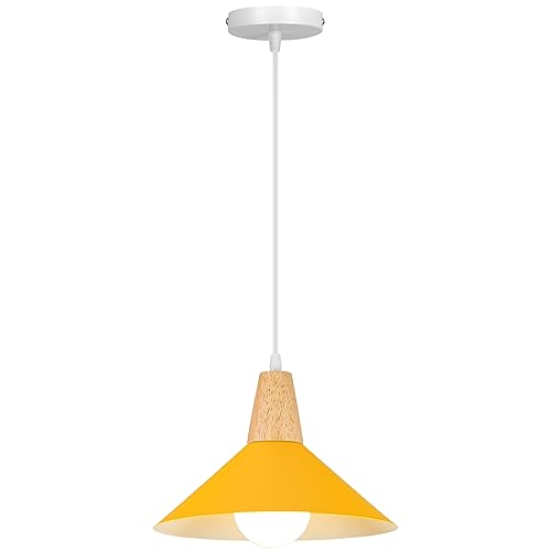 LIGKIN Pendelleuchte E27 Moderne Hängeleuchter Industrielle Deckenleuchte Ø25cm Metall Lampenschirm Vintage Holzkronleuchter für Küche Esszimmer Kaffeezimmer, Dunkelgelb von LIGKIN