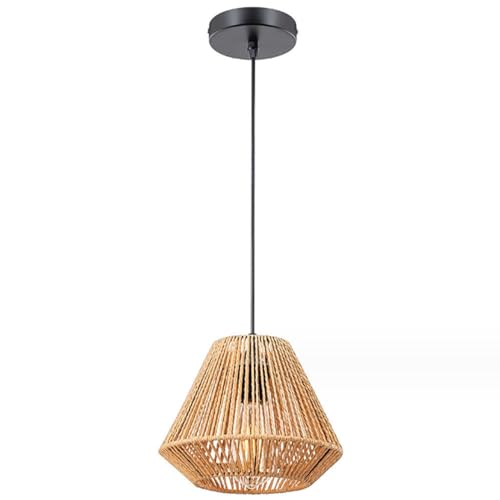 LIGKIN Pendelleuchte Rattan Boho Ø24cm Vintage Handgewebte Hängelampe E27 rhombische Hängend Höhenverstellbar Lampenschirm Industrieller Boho Rustikal Kronleuchter für Schlafzimmer Wohnzimmer von LIGKIN