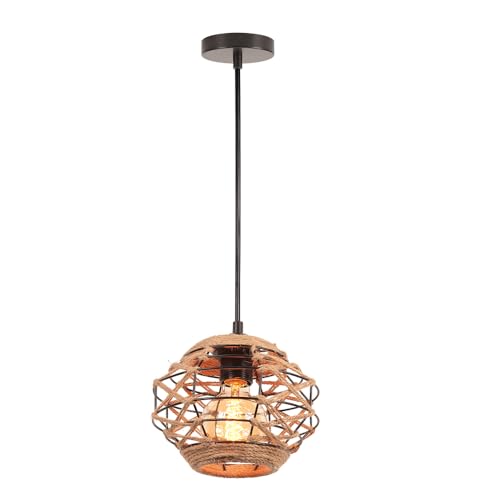 LIGKIN Pendelleuchte Rattan Vintage Industrieller E27 Kronleuchter Retro Hängeleuchte Boho Lampenschirm Metallkäfig und Hanfseil Deckenlampe für Wohnzimmer, Ø20cm LIGKIN Pendelleuchte Rattan Vintage Industrieller E27 Kronleuchter Retro Hängeleuchte Boho Lampenschirm Metallkäfig und Hanfseil Deckenlampe für Wohnzimmer, Ø20cm von LIGKIN