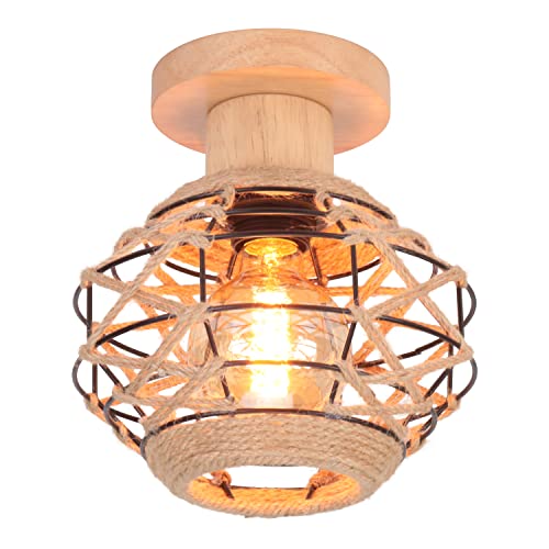 LIGKIN Vintage Boho Rattan Lampe Deckenleuchte Hängelampe, E27 Holz Geflochten Lampenschirm Deckenlampe, Ø20CM Rustikal Industrielle Deckenleuchten für Schlafzimmer Kindergarten Flur Korridor von LIGKIN