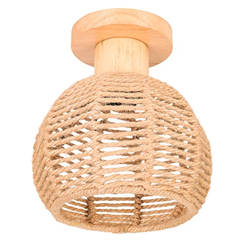 LIGKIN Vintage Boho Rattan Lampe Deckenleuchte Hängelampe, E27 HolzGeflochten Lampenschirm Deckenlampe, Ø20CM Rustikal Industrielle Deckenleuchten für Schlafzimmer Wohnzimmer Flur Korridor von LIGKIN