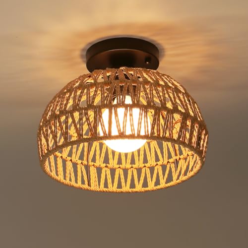 LIGKIN Vintage Boho Rattan Lampe Deckenleuchte Hängelampe, E27 Metalle Geflochten Lampenschirm Deckenlampe, Ø25CM Rustikal Industrielle Deckenleuchten für Schlafzimmer Kindergarten Korridor von LIGKIN