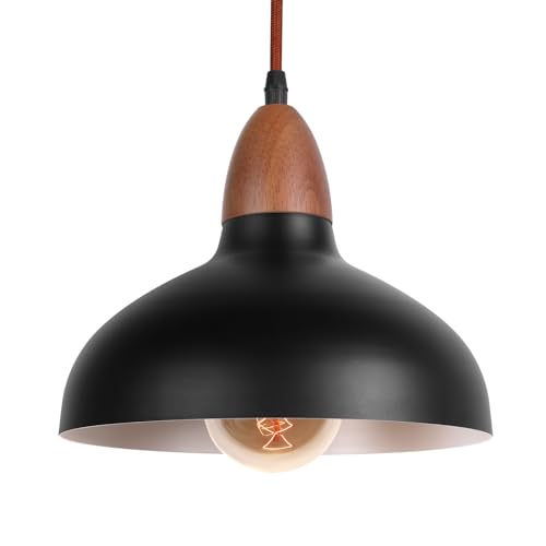 LIGKIN Vintage Pendelleuchte Industrial Hängeleuchte E27 Holz Deckenleuchte Ø19cm Modern Metall Lampenschirm für Esszimmer Cafeteria Küche, Schwarz von LIGKIN