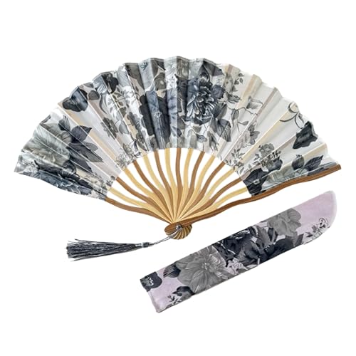 Eleganter faltbarer Fächer im chinesischen Stil, Seidenstoff, Bambusrahmen, florale Hand mit Quasten, für Heimdekoration und Reisen, tragbar von LIGSLN