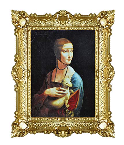 LIGUORO SHOP Bild Dame mit Hermelin von Leonardo Da Vinci, Reproduktion, gedruckt auf Papier in Leinwandoptik, mit barockem Rahmen, 55 x 45 cm (Gold) von LIGUORO SHOP