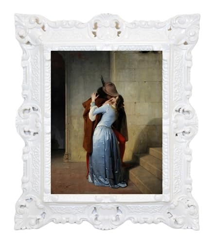 LIGUORO SHOP Bild Der Kuss von Hayez Reproduktion gedruckt auf Banner, Leinwand mit barockem Rahmen, 45 x 37 cm (weiß) von LIGUORO SHOP