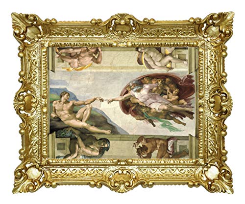 LIGUORO SHOP Bild zur Schaffung von Adam von Michelangelo Reproduktion auf Papier in Leinwandoptik, mit barocken Rahmen, 55 x 45 cm (Gold) von LIGUORO SHOP