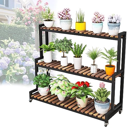 LIGUOYI Blumenregal Aus Metall Draussen Plant Stand 2 Ebenen 3 Ebenen Pflanzenregal Weiß Schwarz Holz, Breite 80cm 100cm 120cm Blumenständer Mit Rädern Belastbarkeit 200kg, Für Garten, Balkon von LIGUOYI