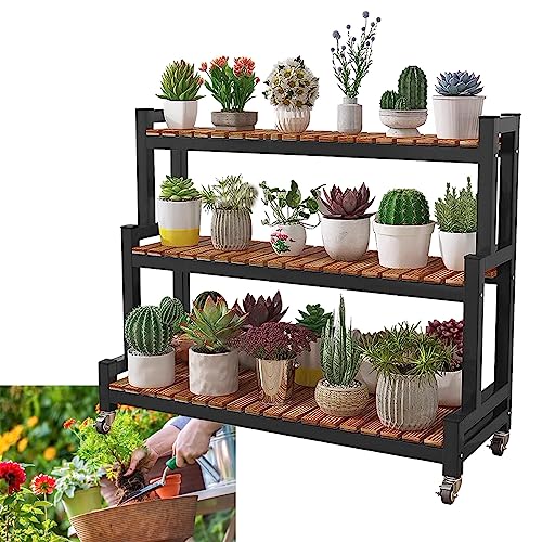 LIGUOYI Holz Pflanzentreppe Rack 2 Tier 3 Tier Stabiles Stahlgestell Lagerregal, Leiterregal Mit Rollen Breite 80 100 120cm Blumentreppe Mit Metallrahmen, Multifunktional Platzsparend von LIGUOYI