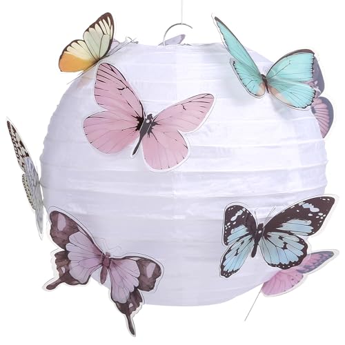 LIHAO 20cm Papier Lampion Lampenschirm mit Schmetterling Rund Laterne Classic Bamboo Style Gerippter Lampenschirm Deko für Party Garten Hochzeit Dekoration(Weiß) von LIHAO