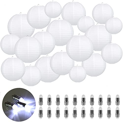 LIHAO 20er weiße Papier Laterne Lampions rund Lampenschirm mit 20 Pcs Weiß Mini LED-Ballons Lichter Hochzeit Dekoration Papierlaterne (Verschiedene Größen) von LIHAO