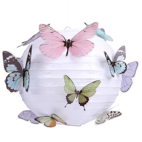 LIHAO 25cm Papier Lampion Lampenschirm mit Schmetterling Rund Laterne Classic Bamboo Style Gerippter Lampenschirm Deko für Party Garten Hochzeit Dekoration (Weiß) von LIHAO